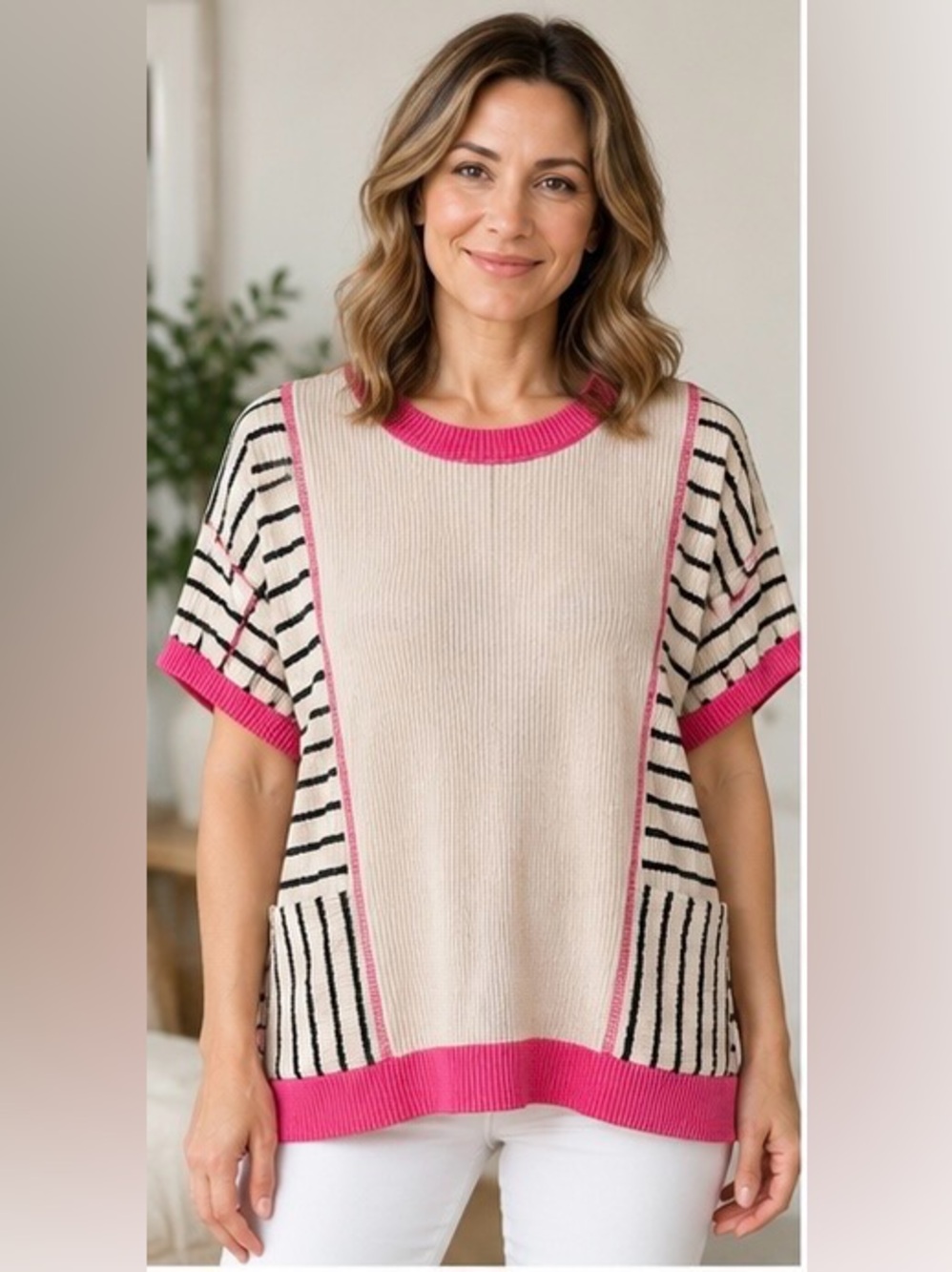 HEIMISH USA Colorblock Striped Ribbed Top - Size L - Pink Black Cream NWOT